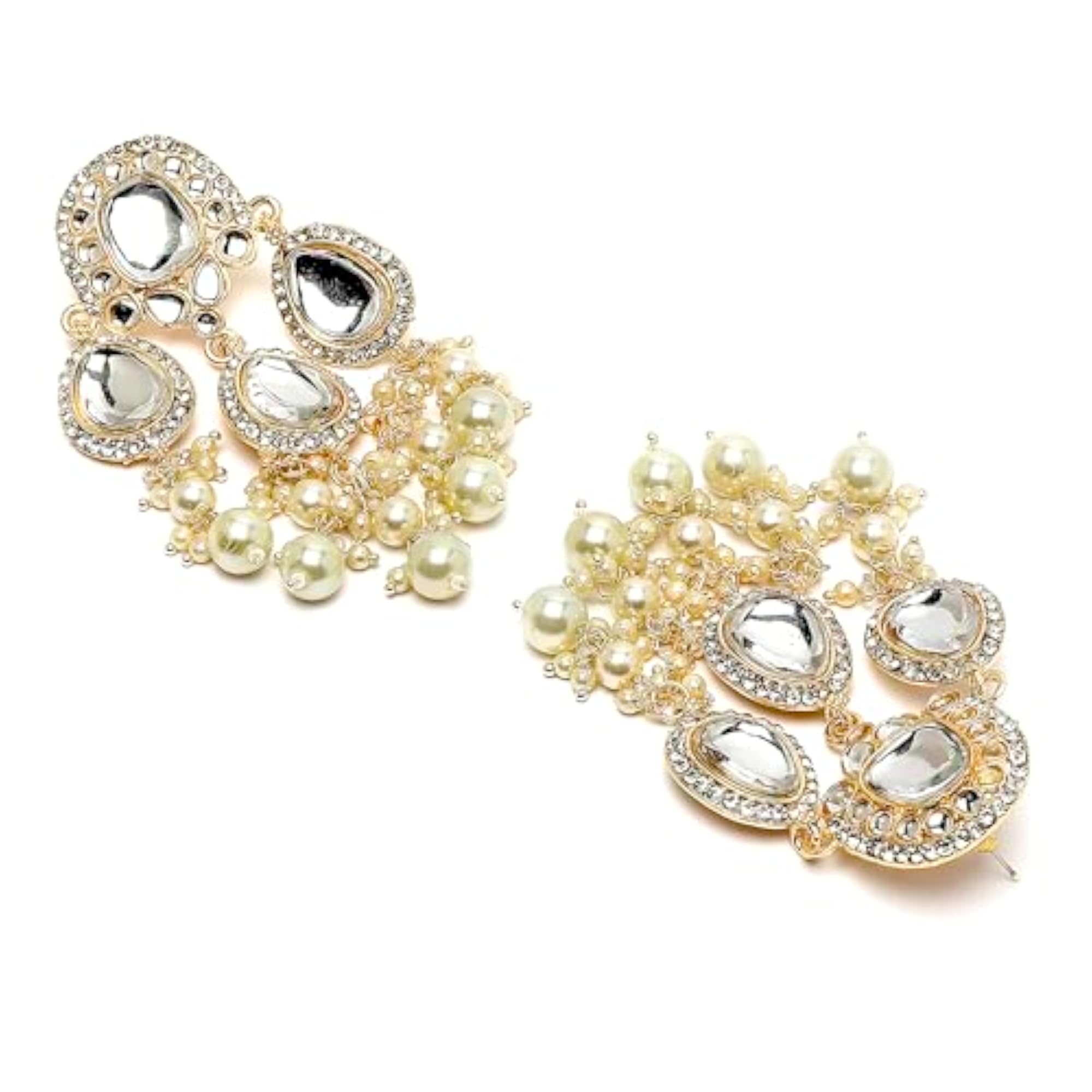 Gold-Plated Kundan & Pearls Teardrop Mirror Earrings